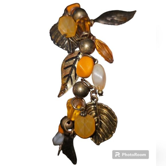 BOHO Orange Brown Gold Tone Botanical Leaf Autumnal Fall Leaves Stretch Bracelet - Picture 1 of 4